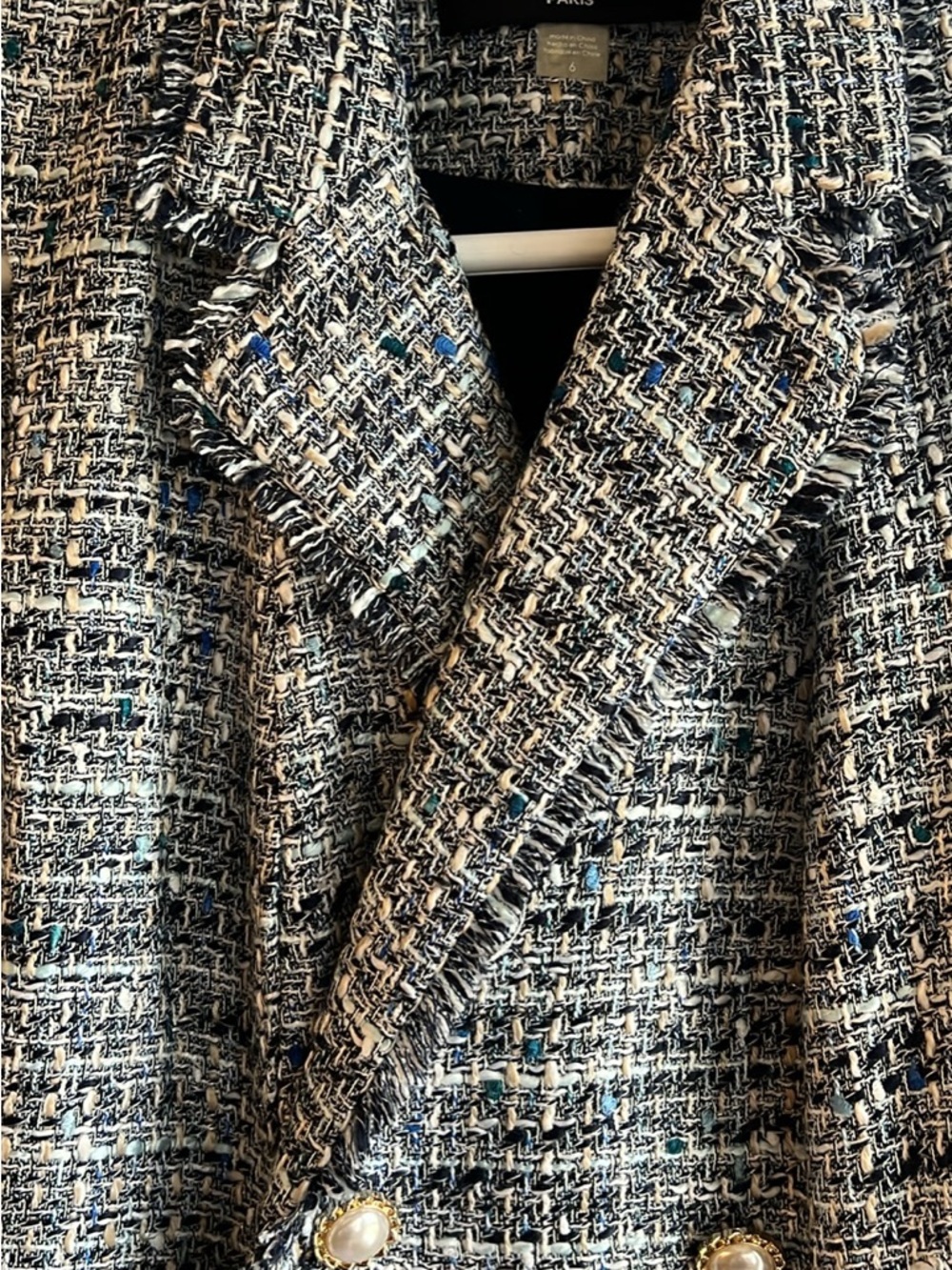 Karl Lagerfeld Tweed Frayed-Lapel long vest jacket in Blue and Cream